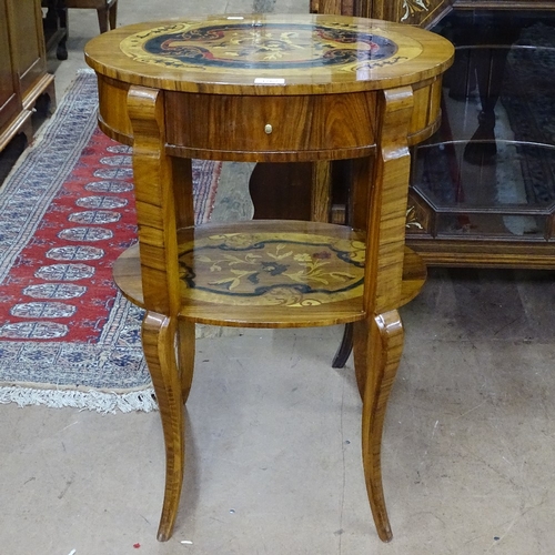 1762 - An Italianate design oval 2-tier side table, single frieze drawer, on cabriole legs, W54cm, H75cm