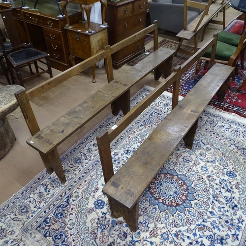 1764 - A pair of Antique pegged oak hall benches, L214cm, H80cm