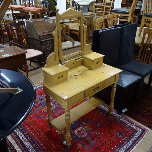 1768 - An Antique pine dressing table, with swing mirror and fitted drawers, on turned legs, W91cm, H142cm,... 