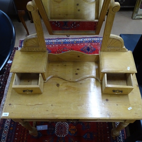 1768 - An Antique pine dressing table, with swing mirror and fitted drawers, on turned legs, W91cm, H142cm,... 