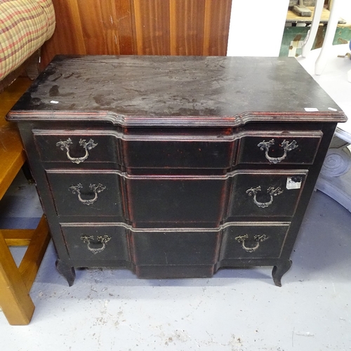 1954 - A Continental style stained break-front 3-drawer chest, on cabriole legs, W104cm, H90cm, D57cm