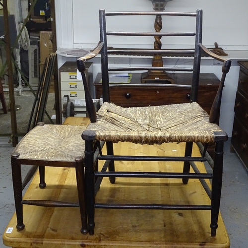 2037 - A late Victorian Sussex chair, possibly by Philip Webb for Morris & Company, and a similar stool