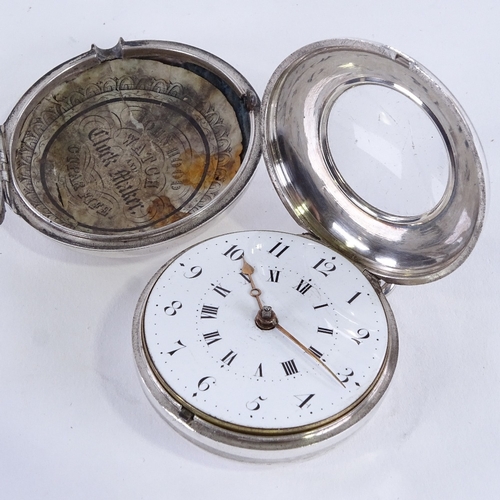 1003 - An early 19th century silver pair-cased half hunter key-wind Verge pocket watch, by T B Fecit of Bir... 