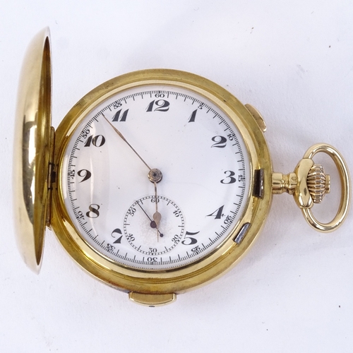 1004 - An early 20th century Swiss 18ct gold full hunter repeater chronograph pocket watch, by Volta, white... 