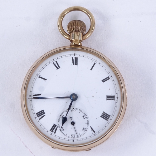 1005 - An early 20th century 9ct rose gold open-face top-wind pocket watch, white enamel dial with Roman nu... 