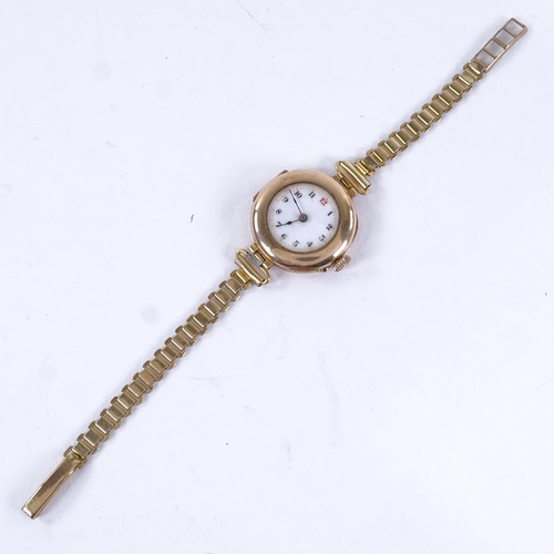 1006 - An early 20th century lady's 9ct rose gold mechanical wristwatch, white enamel dial with Arabic nume... 