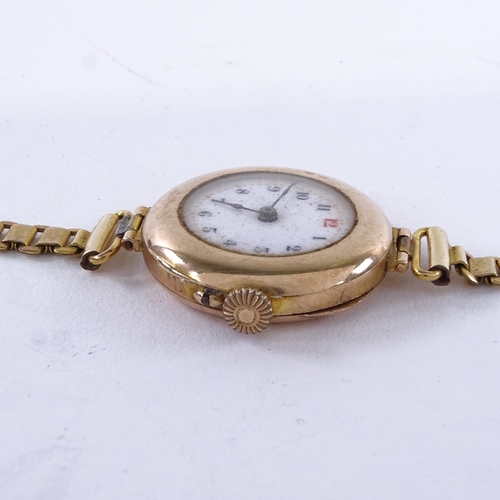 1006 - An early 20th century lady's 9ct rose gold mechanical wristwatch, white enamel dial with Arabic nume... 