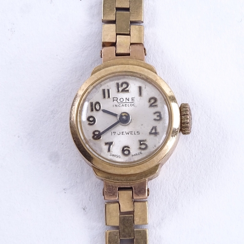 1007 - RONE - a lady's Vintage 9ct gold mechanical wristwatch, silvered dial with black painted Arabic nume... 