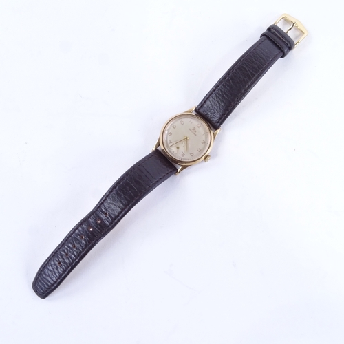 1010 - RECORD - a Vintage 9ct gold mechanical wristwatch, silvered dial with gilt Arabic numerals and subsi... 