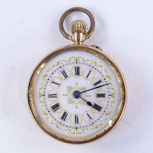 1014 - An early 20th century Swiss 14ct rose gold open-face top-wind fob watch, white enamel dial with blac... 