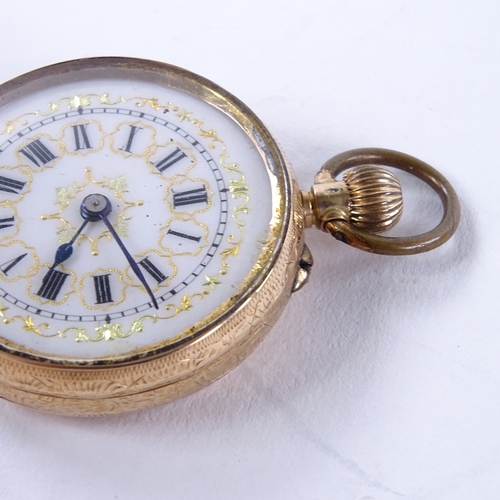 1014 - An early 20th century Swiss 14ct rose gold open-face top-wind fob watch, white enamel dial with blac... 