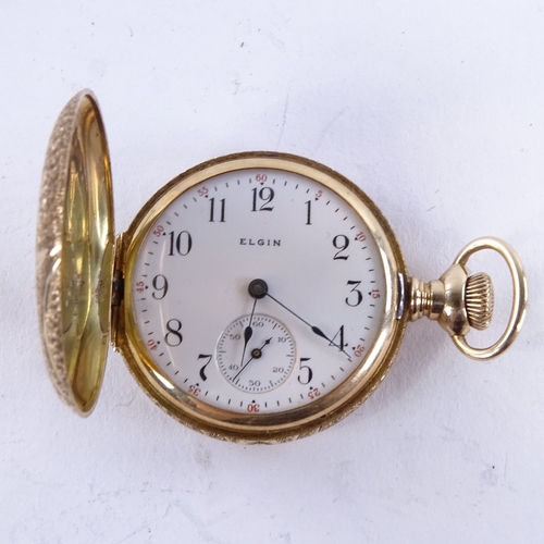 1025 - ELGIN - an early 20th century American 14ct gold full hunter side-wind fob watch, white enamel dial ... 