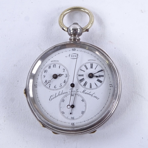 1027 - A 19th century Swiss silver-cased open-face key-wind dual time zone pocket watch, circa 1880, white ... 