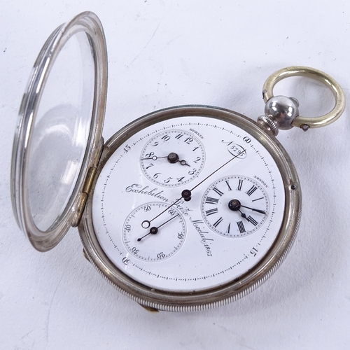 1027 - A 19th century Swiss silver-cased open-face key-wind dual time zone pocket watch, circa 1880, white ... 