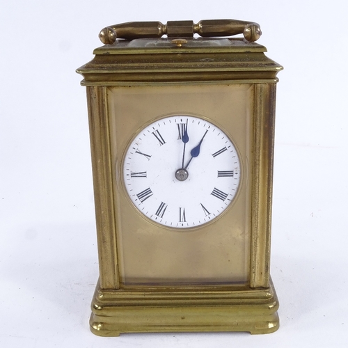 1037 - A 19th century brass 8-day striking repeater carriage clock, white enamel dial with Roman numeral ho... 