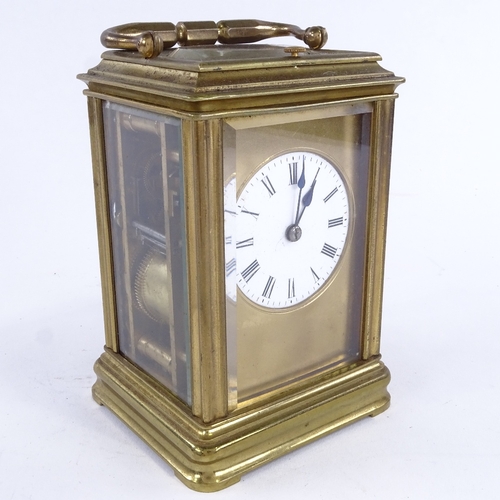 1037 - A 19th century brass 8-day striking repeater carriage clock, white enamel dial with Roman numeral ho... 