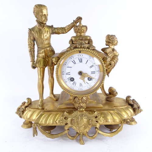 1046 - A 19th century French gilt-bronze 8-day figural mantel clock, surmounted by a Prince with a crown, w... 