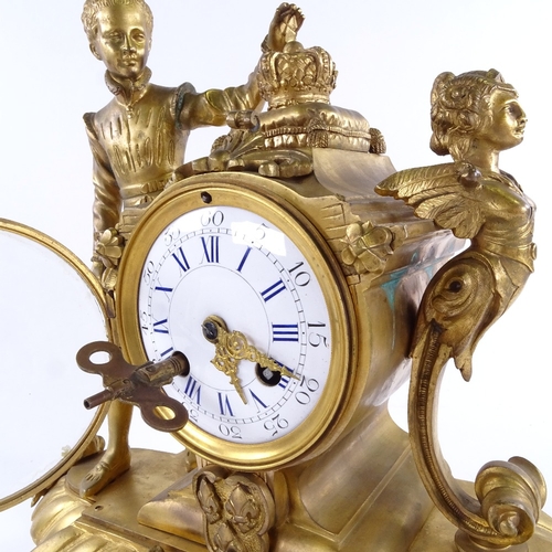 1046 - A 19th century French gilt-bronze 8-day figural mantel clock, surmounted by a Prince with a crown, w... 