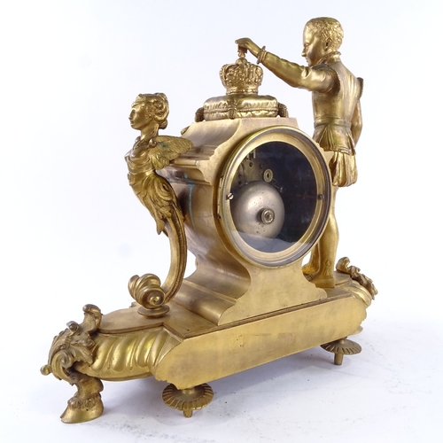 1046 - A 19th century French gilt-bronze 8-day figural mantel clock, surmounted by a Prince with a crown, w... 