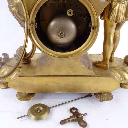 1046 - A 19th century French gilt-bronze 8-day figural mantel clock, surmounted by a Prince with a crown, w... 