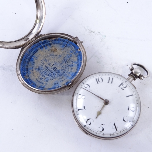 1047 - An early 19th century silver pair-cased Verge pocket watch, by William Smith of Wingham, white ename... 