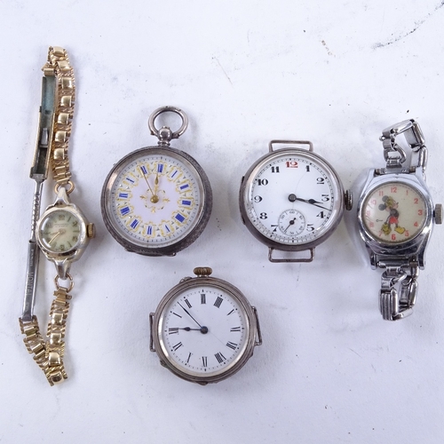 1048 - A group of watches, including 2 early 20th century silver-cased wristwatches, silver fob watch etc (... 