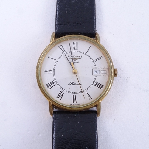 1049 - LONGINES - a Vintage gold plated stainless steel Presence quartz wristwatch, ref. 6801 10 156, white... 