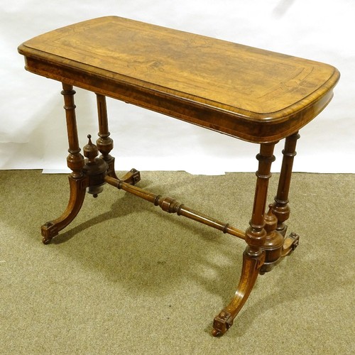 125 - A Victorian burr-walnut centre standing stretcher table, with inlaid cross-banding and stringing, 91... 