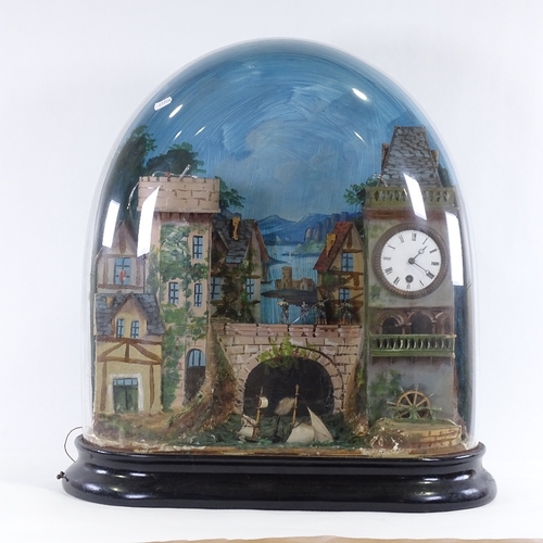 102 - A Vintage castle and harbour design clock automaton under glass dome, late 19th/early 20th century, ... 