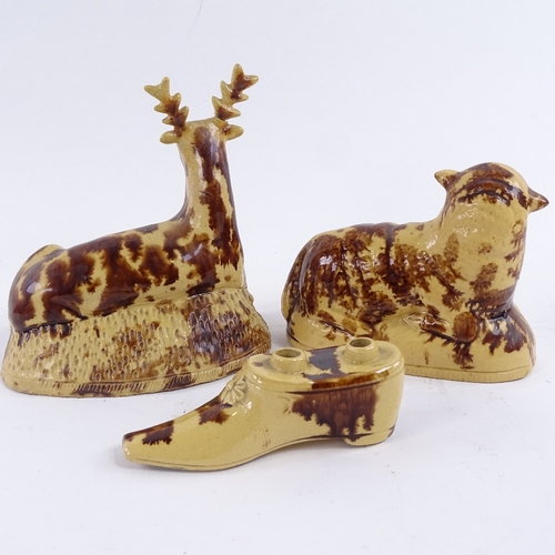 117 - 3 pieces of 19th century Wealden glazed pottery, comprising a stag, length 14cm, sheep, length 14cm,... 