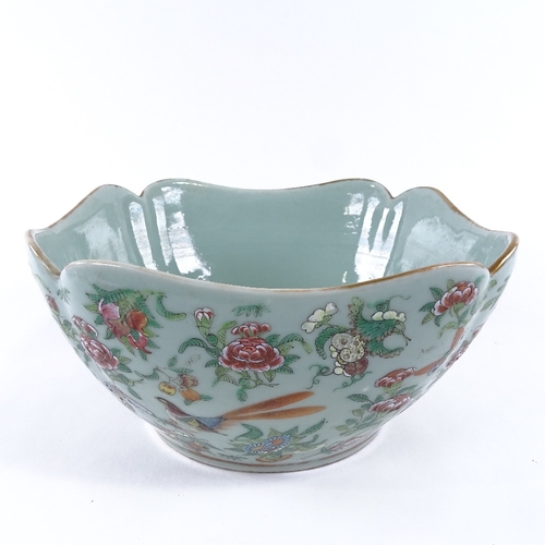 136 - A Chinese celadon porcelain square section bowl, with enamelled birds butterflies and flowers, width... 