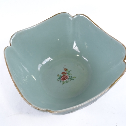 136 - A Chinese celadon porcelain square section bowl, with enamelled birds butterflies and flowers, width... 