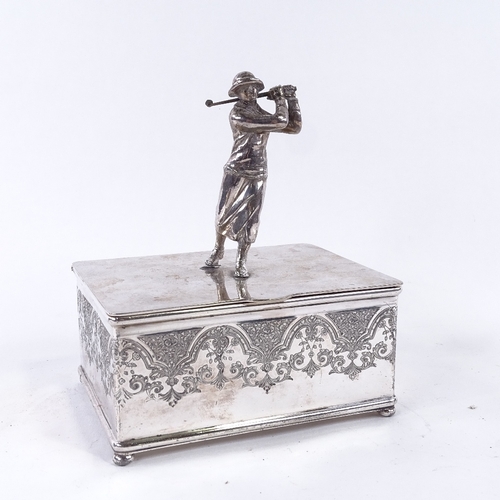 143 - GOLFING INTEREST - early 20th century silver plated cigarette box, woman golfer on lid, makers stamp... 
