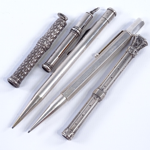 159 - 4 hallmarked silver propelling pencils, and one other unmarked.