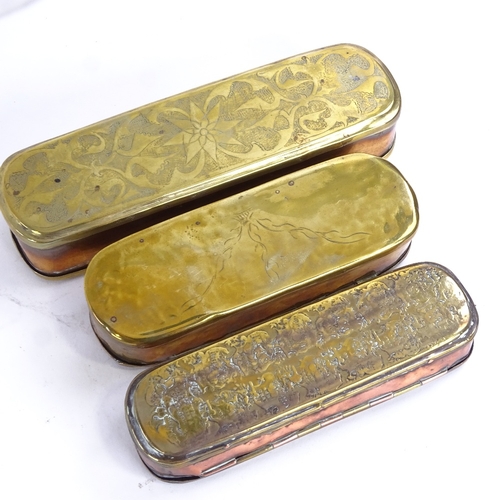 32 - 3 18th century Dutch brass tobacco boxes with engraved decoration, largest length 20cm