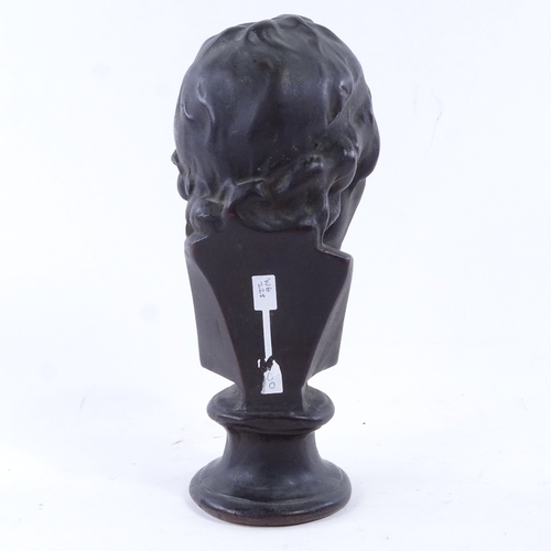 48 - A 19th century patinated bronze head and shoulders bust of Voltaire, unsigned, height 22cm