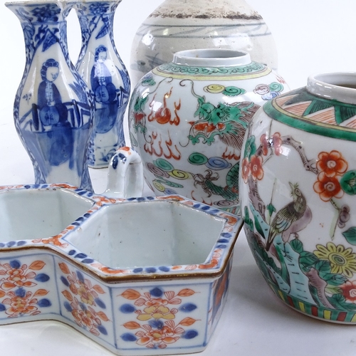 62 - A group of Oriental porcelain items, including a double-hexagon pot with handle, length 16cm, a pair... 