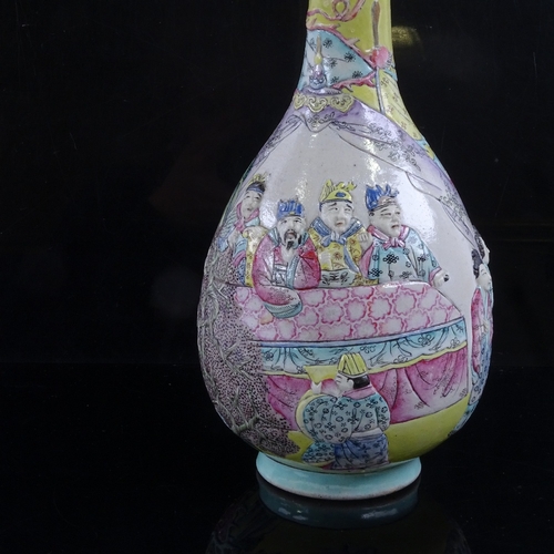 88 - A Chinese porcelain gourd-shaped vase, relief moulded and painted figures in Court, painted seal mar... 