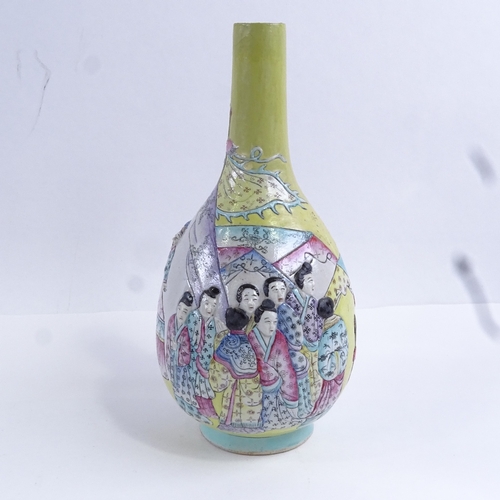 88 - A Chinese porcelain gourd-shaped vase, relief moulded and painted figures in Court, painted seal mar... 