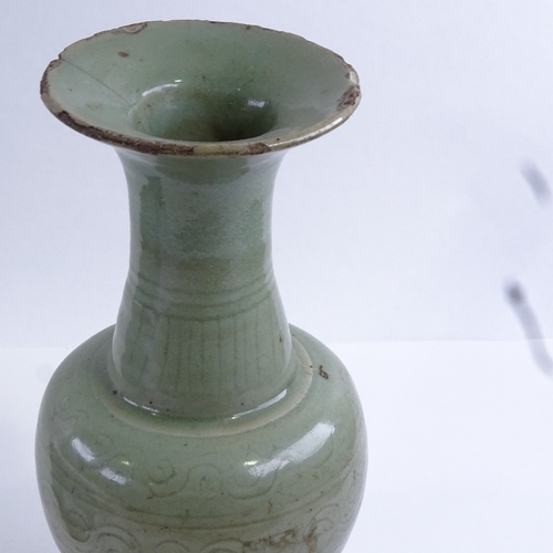 89 - Antique Chinese celadon glaze porcelain vase with incised decoration, height 28cm
