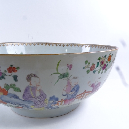 92 - A large Chinese famille rose porcelain bowl, 18th/19th century, hand painted figures and flowers, di... 