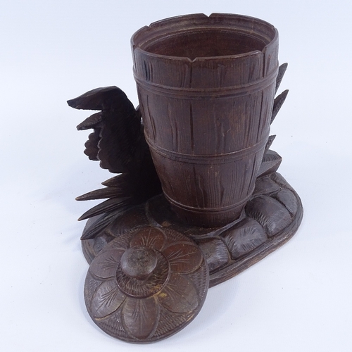 172 - A Black Forest carved and stained wood pot and cover, with a hen figure mount and basket, height 18c... 