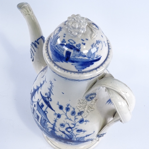 182 - 18th century English Pearl Ware coffee pot, with ribbon crossover handles and hand painted Oriental ... 