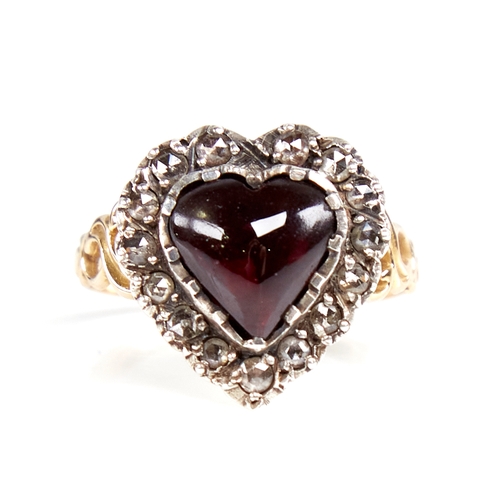 1103 - A Georgian unmarked gold heart-shaped cabochon garnet and rose-cut diamond cluster ring, pierced scr... 