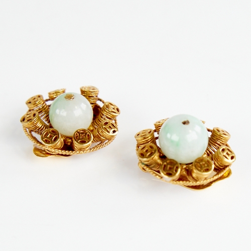 1107 - A pair of Chinese 14ct gold polished jade sphere clip earrings, earring diameter 22mm, 13.6g