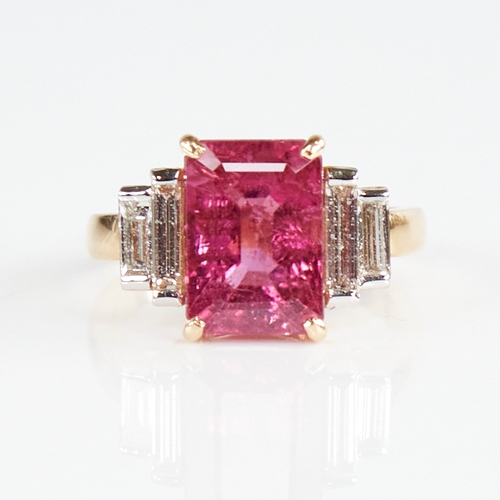 1109 - A modern unmarked gold rubellite tourmaline and baguette-cut diamond ring, set with emerald-cut rube... 