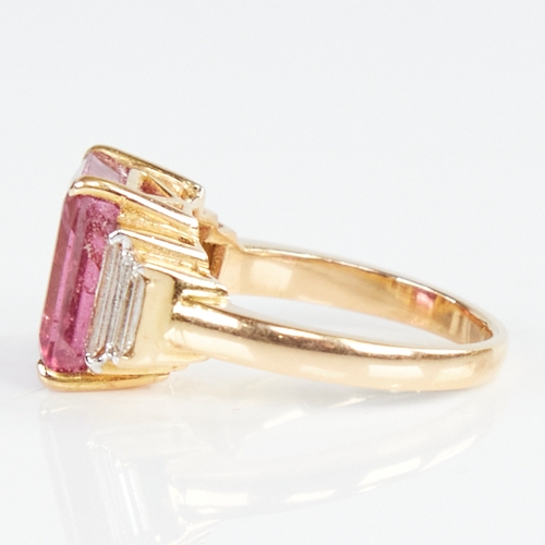 1109 - A modern unmarked gold rubellite tourmaline and baguette-cut diamond ring, set with emerald-cut rube... 