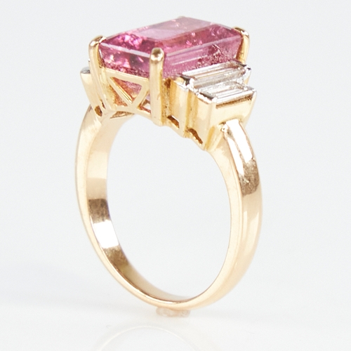 1109 - A modern unmarked gold rubellite tourmaline and baguette-cut diamond ring, set with emerald-cut rube... 