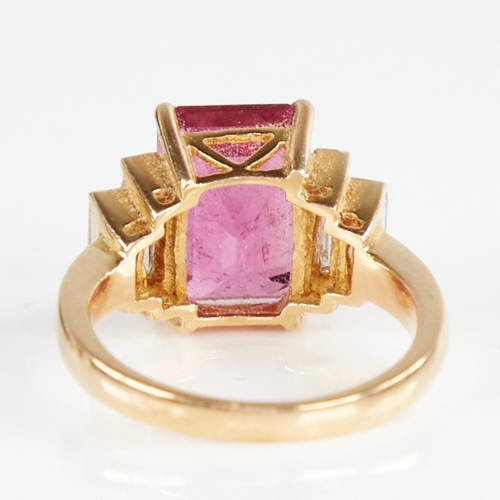 1109 - A modern unmarked gold rubellite tourmaline and baguette-cut diamond ring, set with emerald-cut rube... 