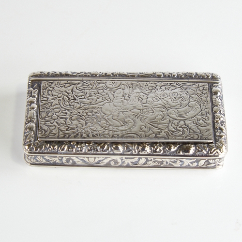 1118 - A 19th century French silver snuffbox, allover engraved floral decoration with hinged lid and rose-g... 